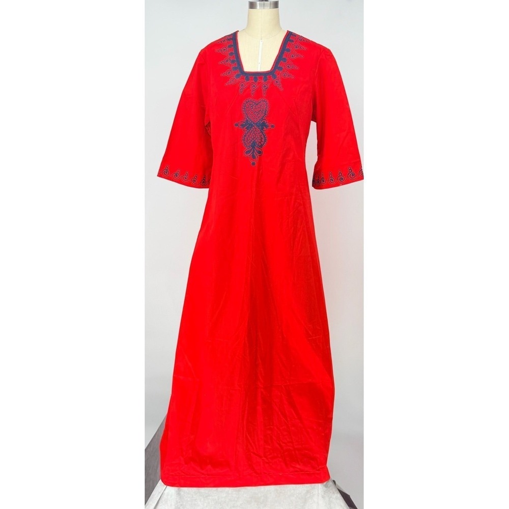 Vtg 70s Istana Trinidad WI Embroidered Maxi Dress Red Boho Caftan Hostess Sz 10
